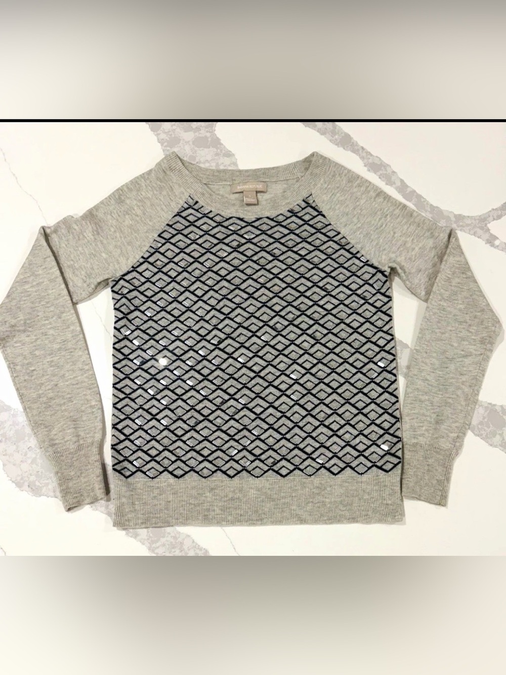 Banana Republic Light Gray Crewneck Sweater with Navy Geometric Front